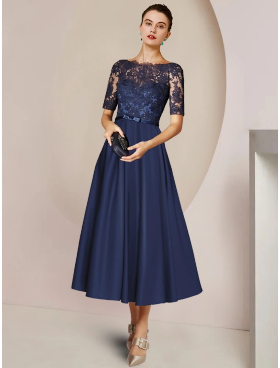 Sheath / Column Mother of the Bride Dress Wedding Guest Party Elegant Scoop Neck Tea Length Satin Lace Short Sleeve with Bow(s) Pleats Appliques 2023
